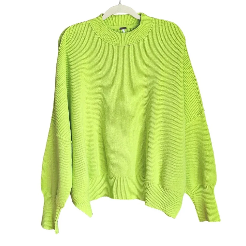FREE PEOPLE Easy Street Ribbed Knit Tunic Oversized Sweater Citron Lime Green M - Picture 3 of 6